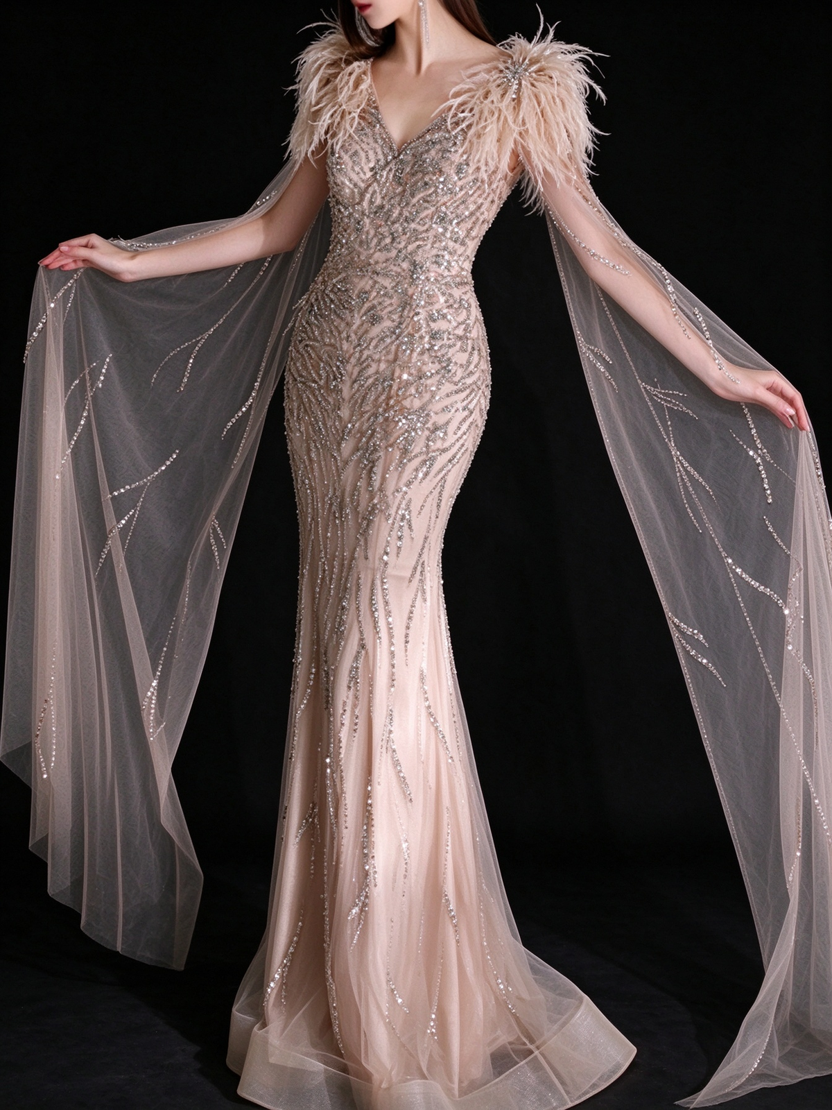 Champagne V Neck Feather Beaded Mermaid Evening Dress With Tulle Cape fg9151