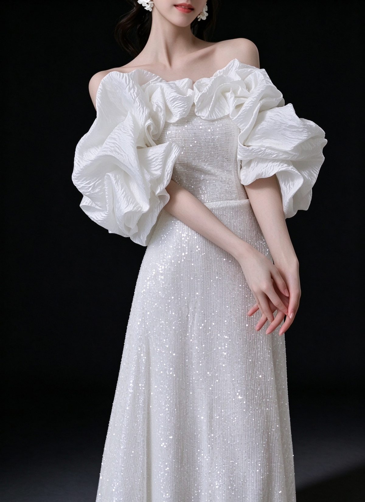 White Off Shoulder Ruffle Puff Sleeve Sequin A Line Evening Gown fg9116