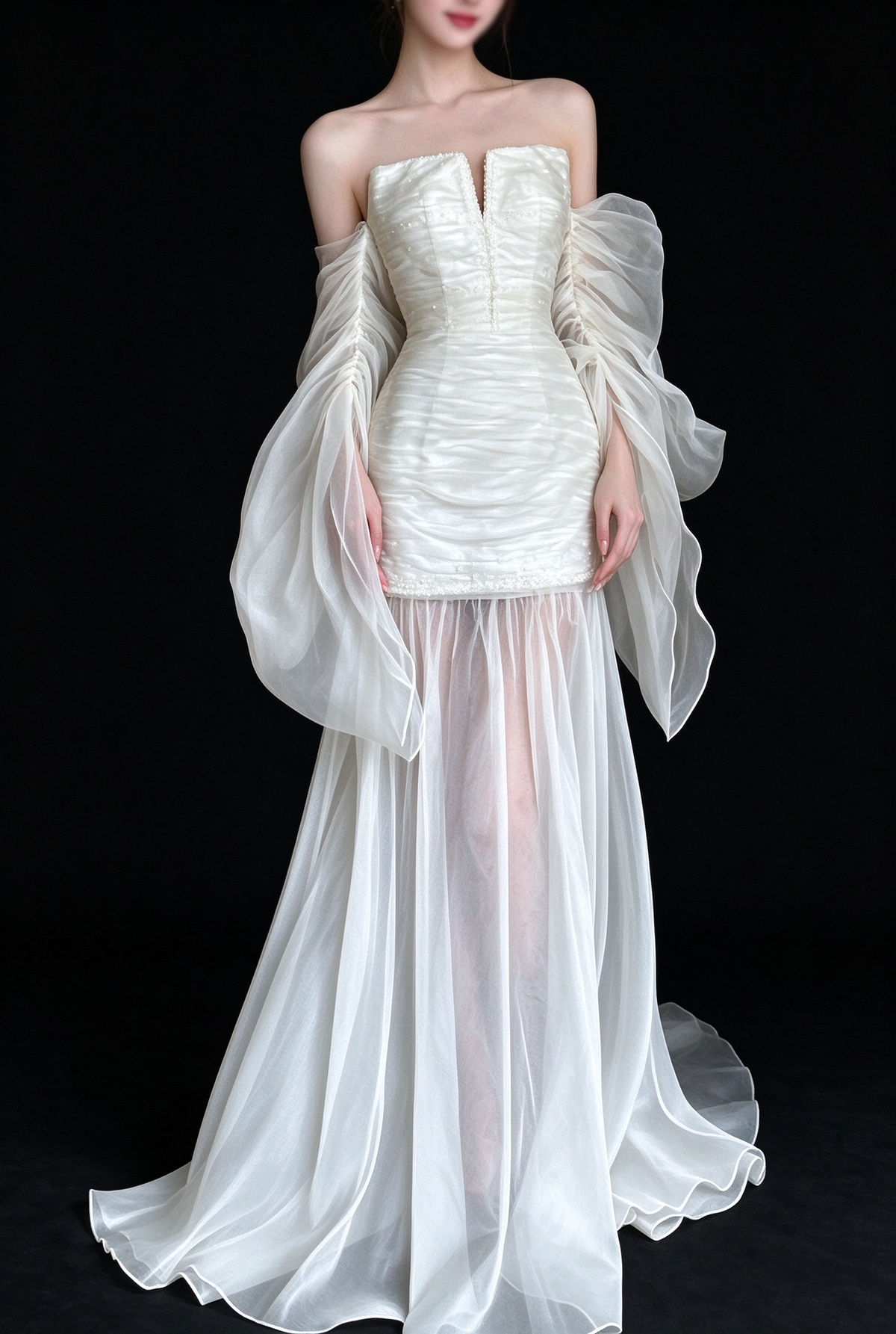 White Strapless Off Shoulder Ruffle Tulle Wedding Dress fg9165