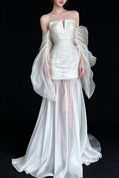 White Strapless Off Shoulder Ruffle Tulle Wedding Dress fg9165