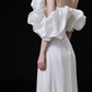 White Off Shoulder Ruffle Puff Sleeve Sequin A Line Evening Gown fg9116