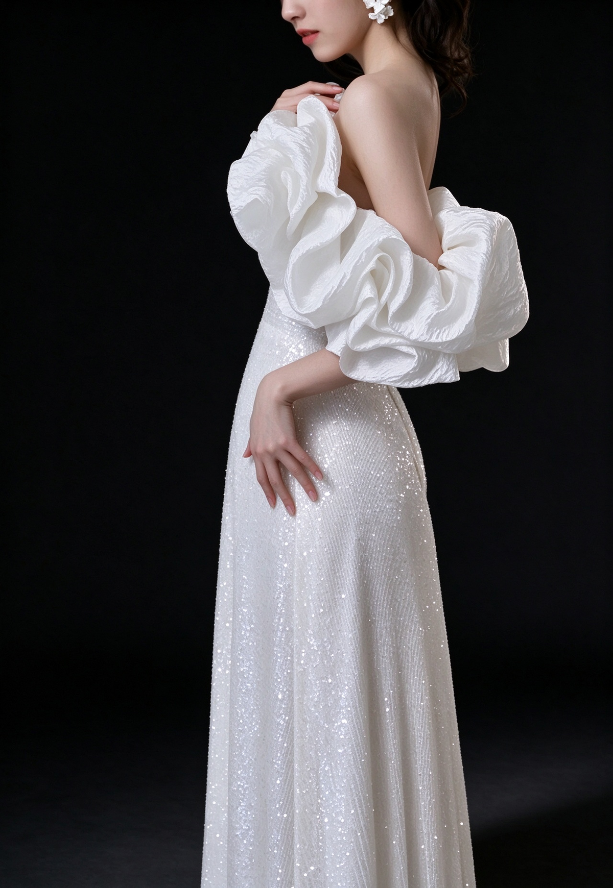 White Off Shoulder Ruffle Puff Sleeve Sequin A Line Evening Gown fg9116