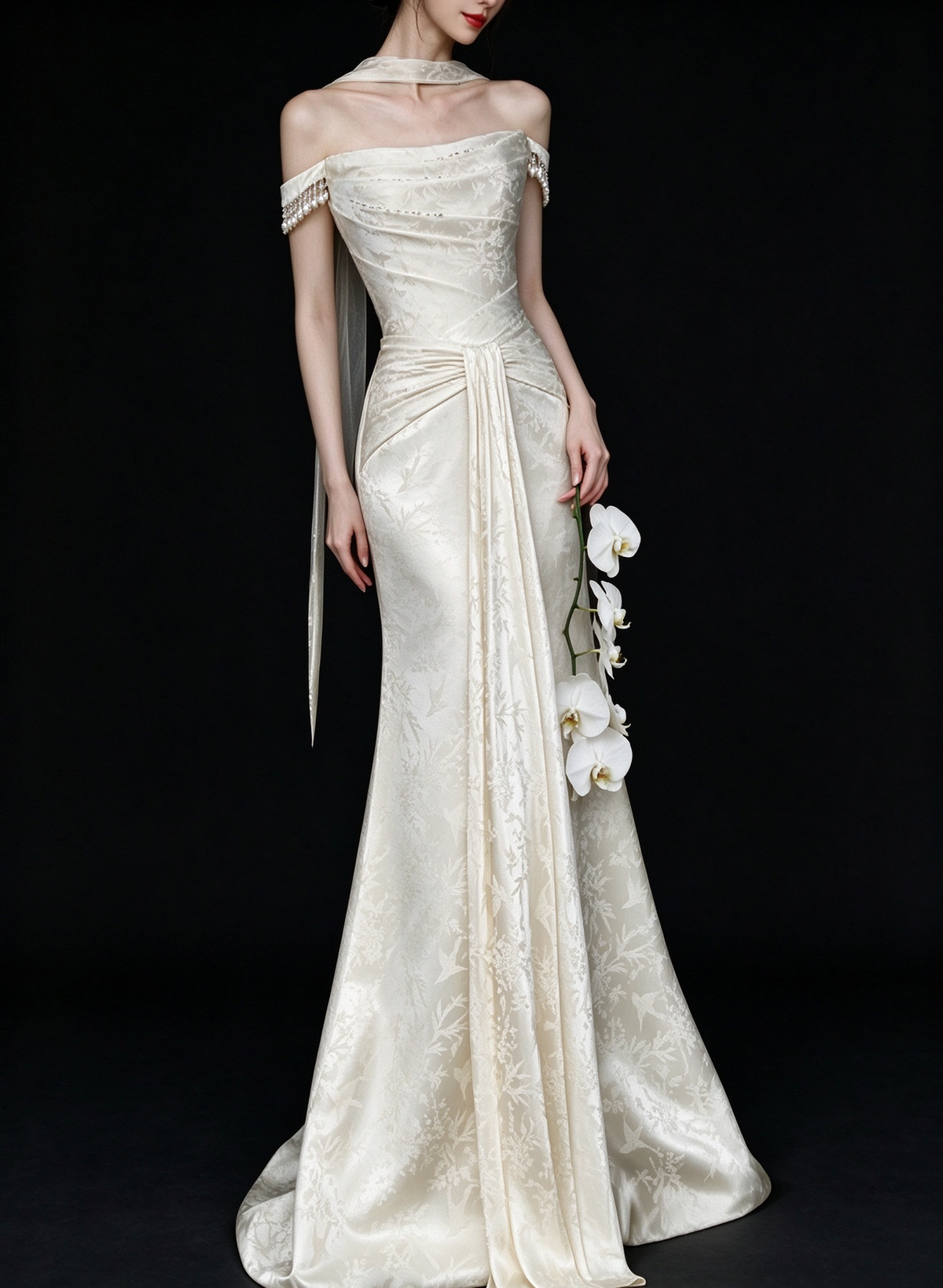 Ivory Off Shoulder Pearl Satin Mermaid Wedding Dress fg9167