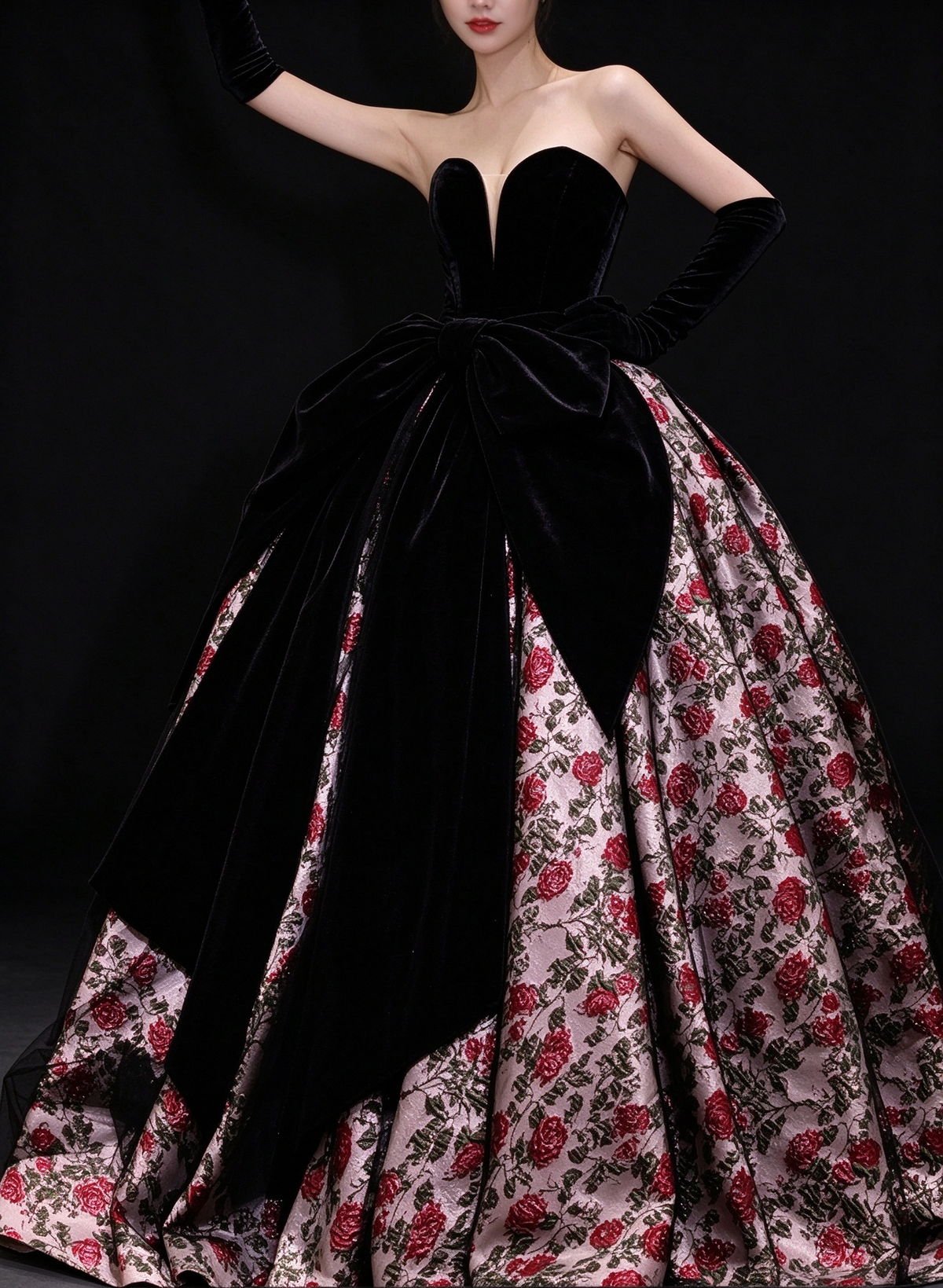 Black Strapless Sweetheart Floral Ball Gown fg9117