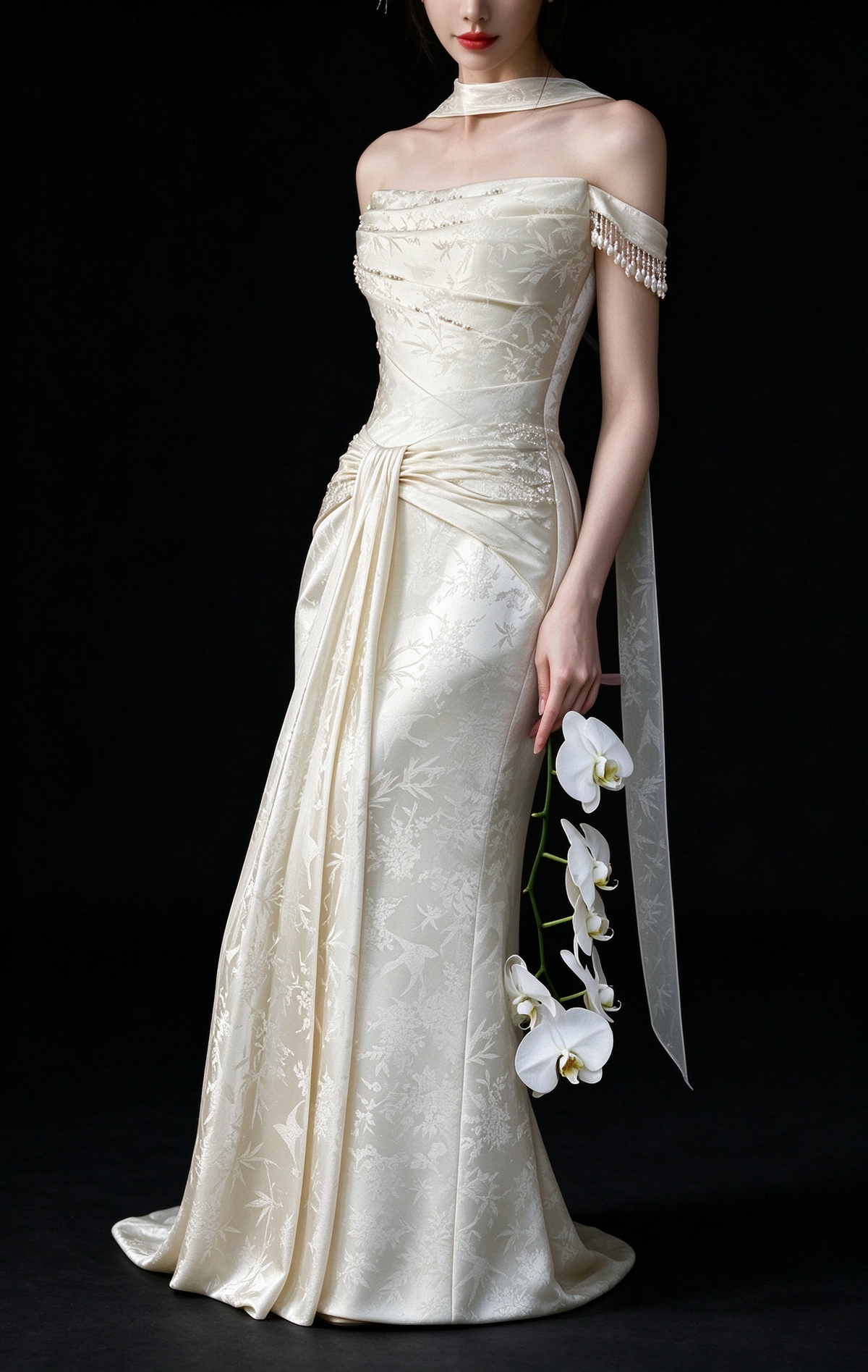 Ivory Off Shoulder Pearl Satin Mermaid Wedding Dress fg9167