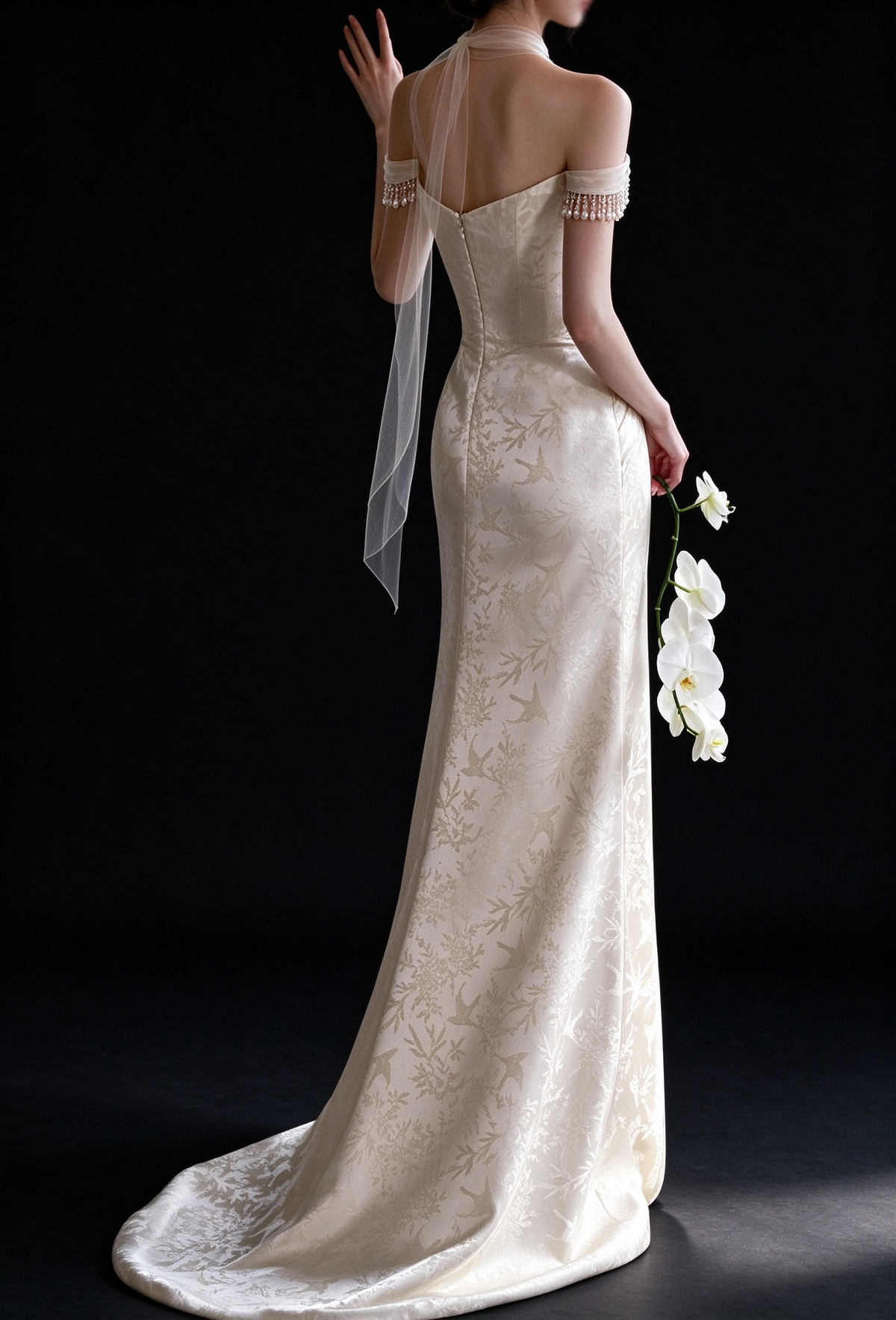 Ivory Off Shoulder Pearl Satin Mermaid Wedding Dress fg9167