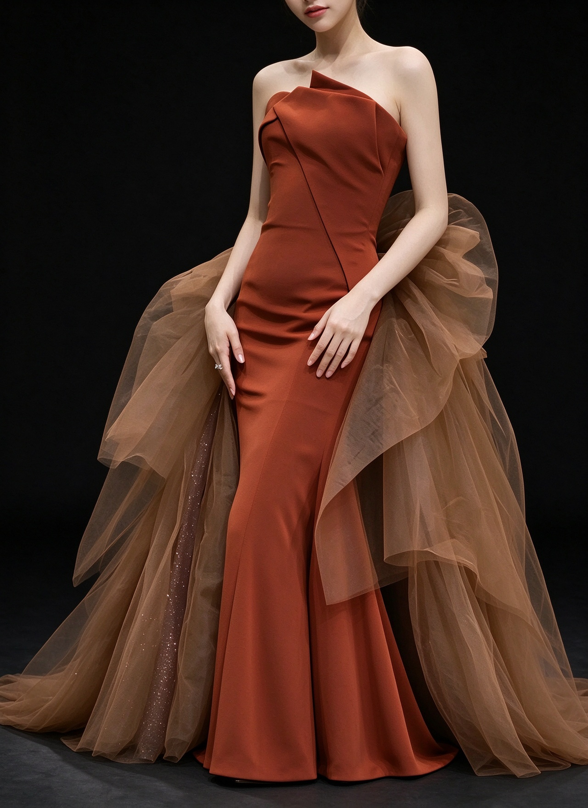 Rust Strapless Mermaid Evening Gown With Tulle Bow Train fg9118