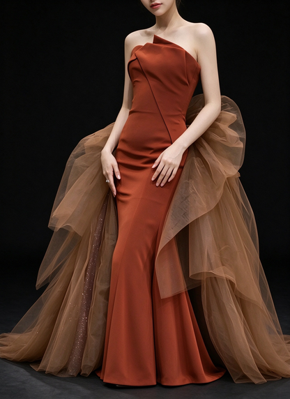 Rust Strapless Mermaid Evening Gown With Tulle Bow Train fg9118
