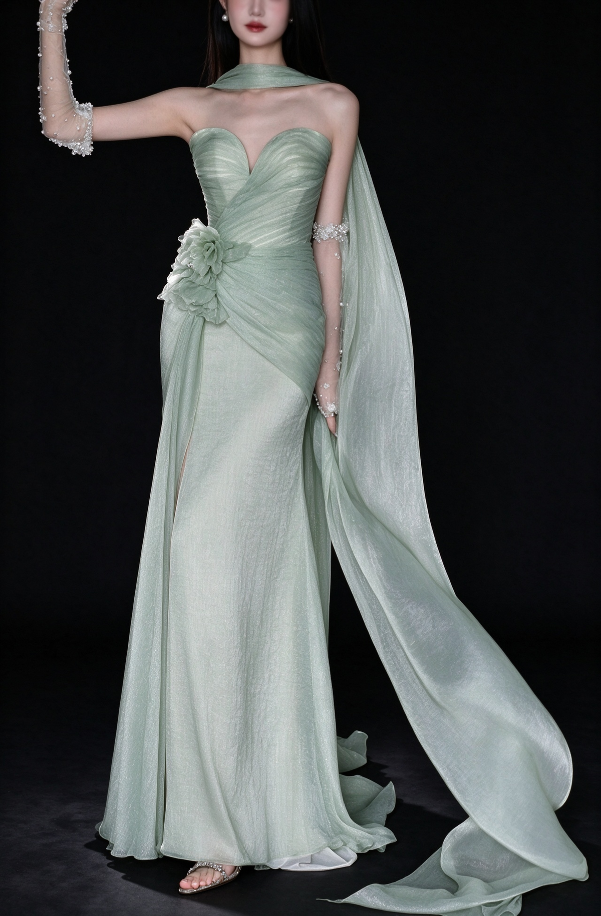 Sage Green Strapless Floral Chiffon Slit Mermaid Evening Dress fg9168