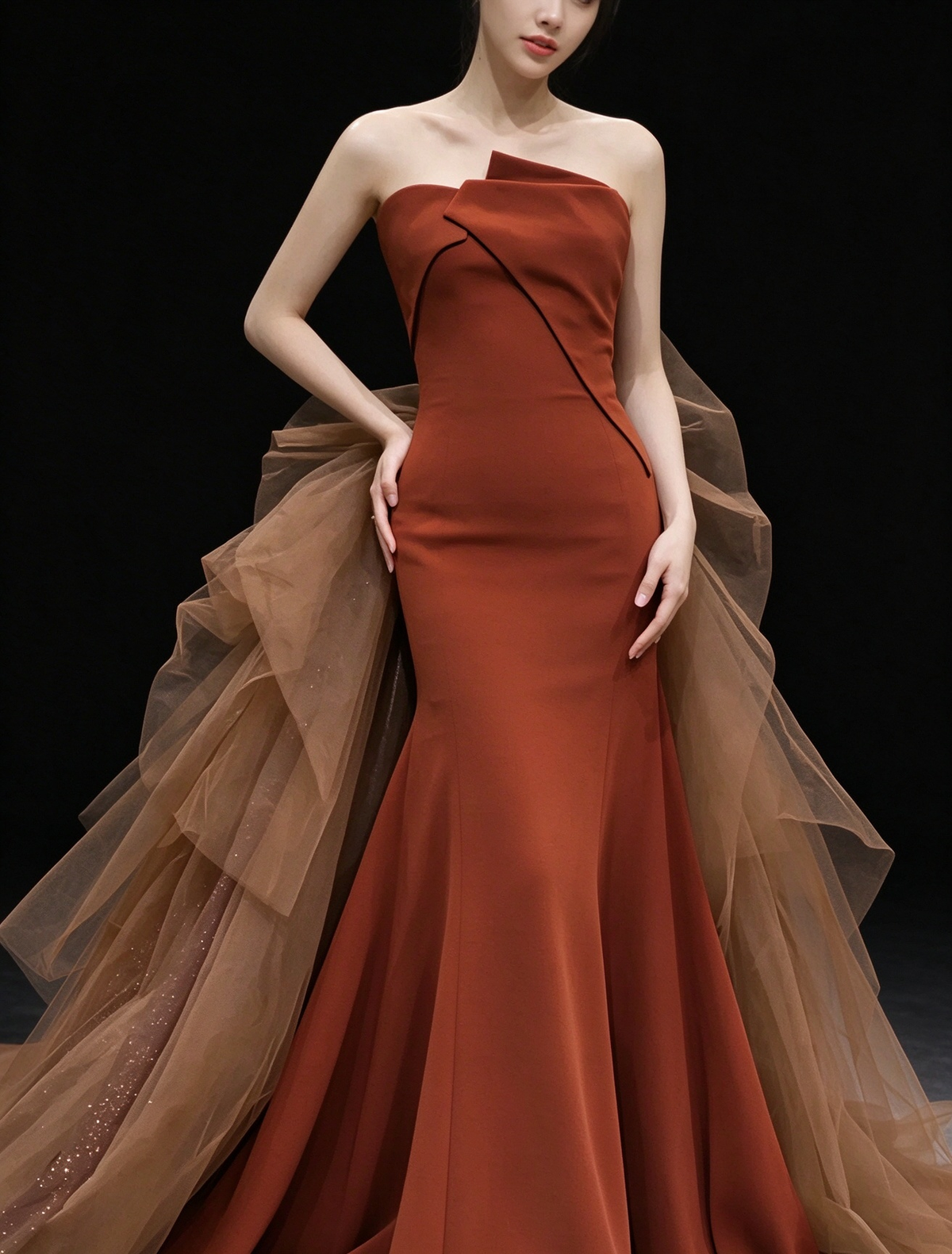 Rust Strapless Mermaid Evening Gown With Tulle Bow Train fg9118