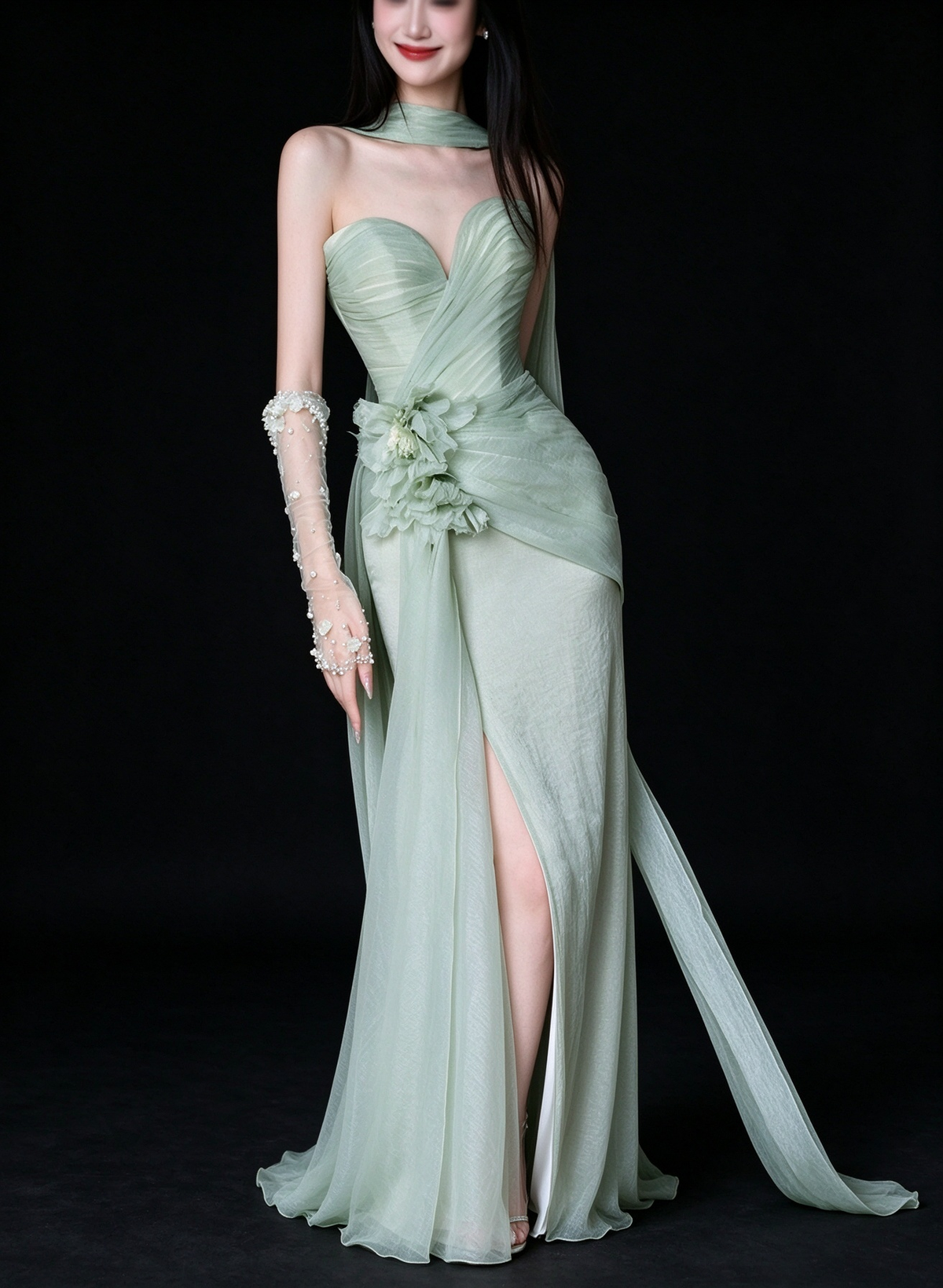 Sage Green Strapless Floral Chiffon Slit Mermaid Evening Dress fg9168