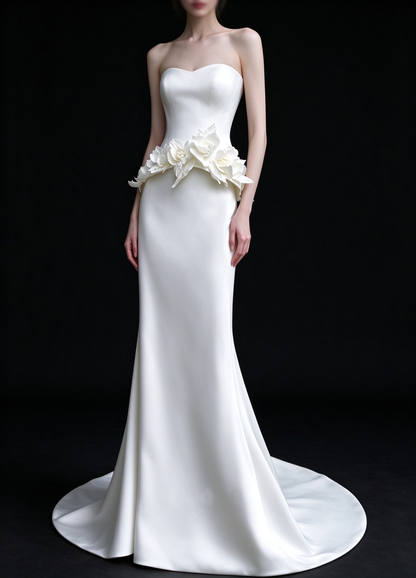 White Strapless 3D Floral Satin Mermaid Wedding Dress fg9169