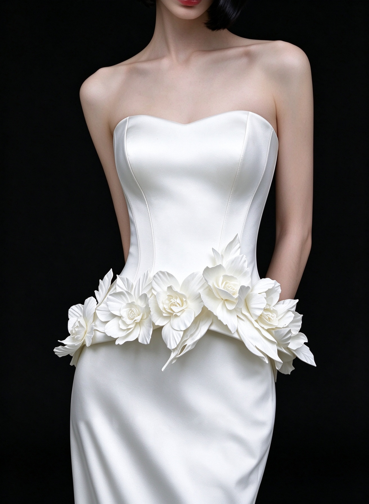 White Strapless 3D Floral Satin Mermaid Wedding Dress fg9169