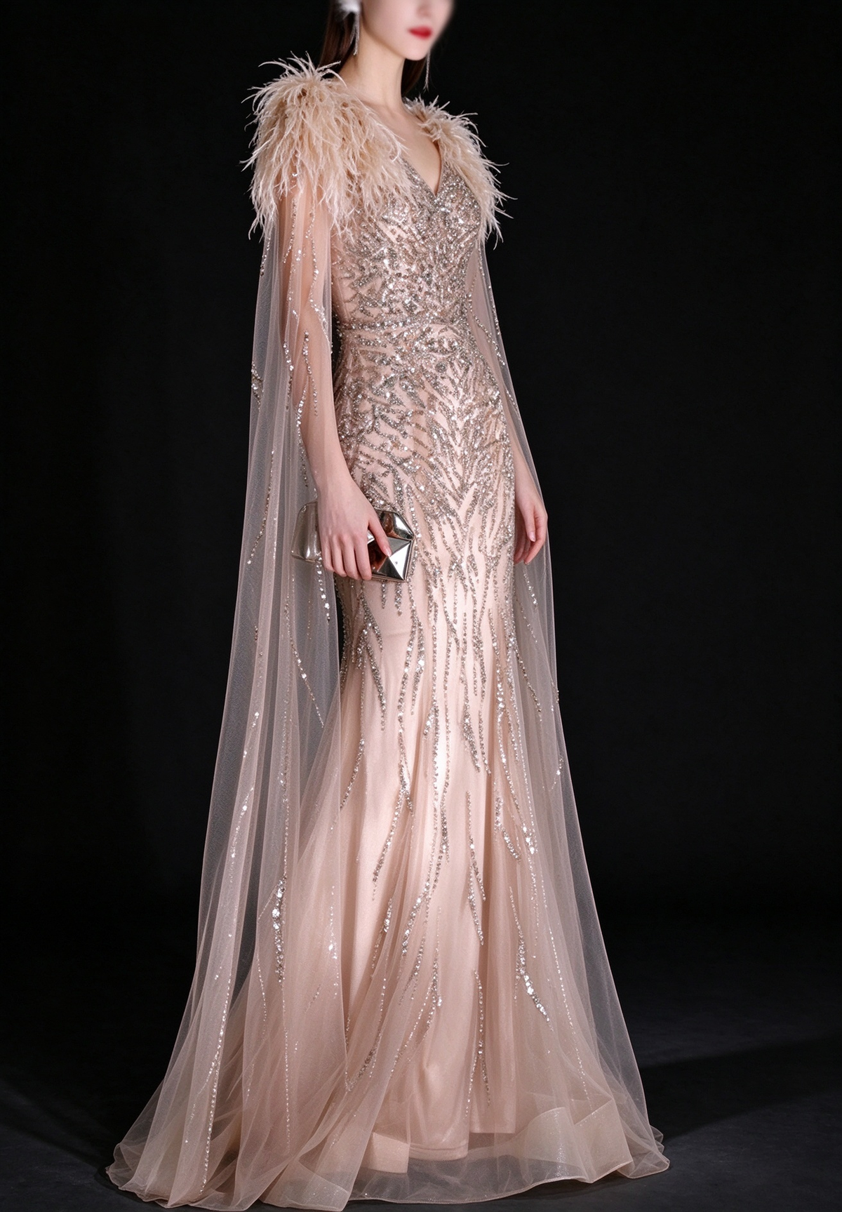 Champagne V Neck Feather Beaded Mermaid Evening Dress With Tulle Cape fg9151