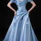 Light Blue Off Shoulder Satin A Line Evening Gown fg9172