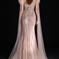 Champagne V Neck Feather Beaded Mermaid Evening Dress With Tulle Cape fg9151