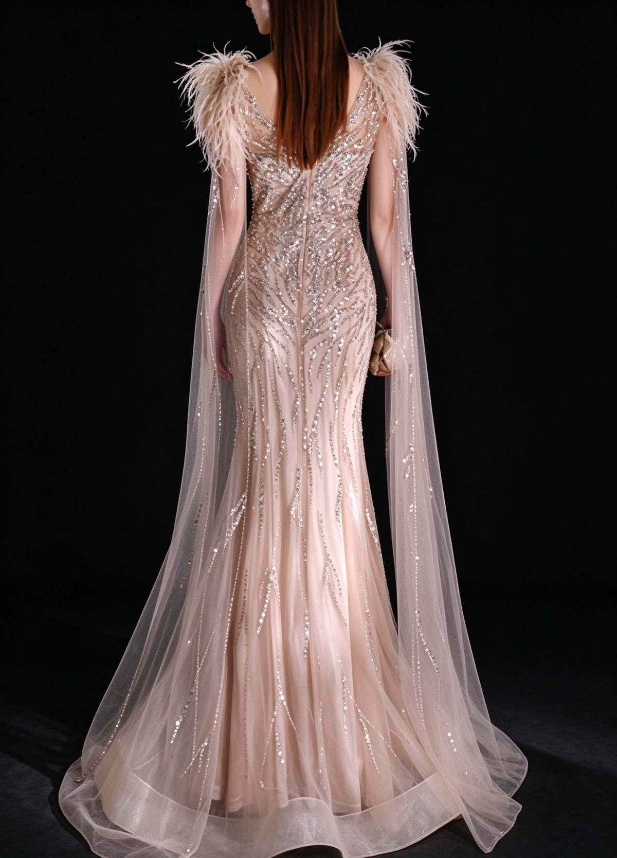 Champagne V Neck Feather Beaded Mermaid Evening Dress With Tulle Cape fg9151