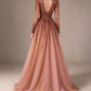 Dusty Rose V-Neck Long Sleeve A-Line Tulle Evening Gown With Heavy Beading & Low Back fg8991
