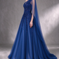 Royal Blue One Shoulder A-Line Tulle Evening Gown With Heavy Sequins Beading fg8992