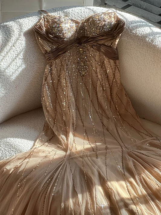 Robe de bal longue dorée en mousseline de soie à perles vintage brillante fg8315