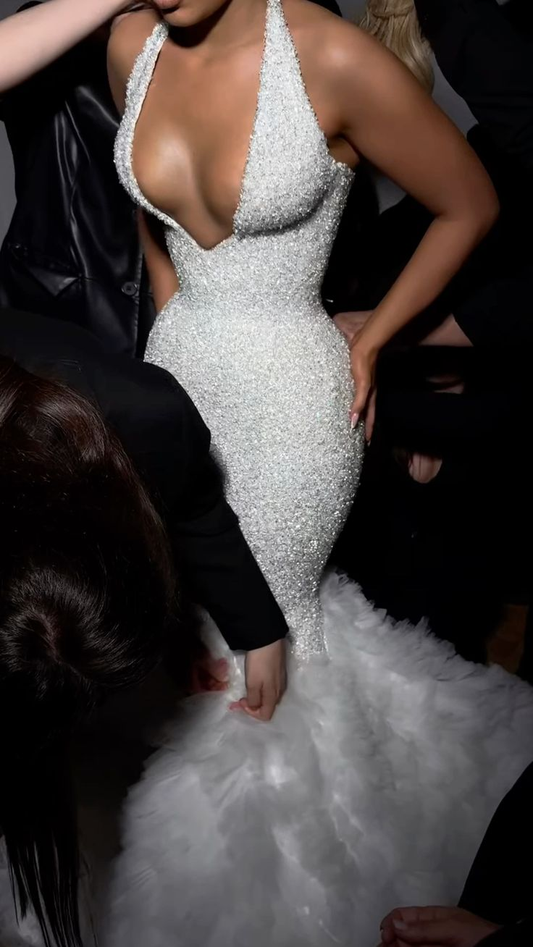 Sexy Mermaid White Wedding Dress Sequin Evening Dress Prom Dress fg8294