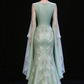 Round Neck Green Mermaid Evening Gown with Flutter Sleeves & Leaf Beaded Appliques fg8965