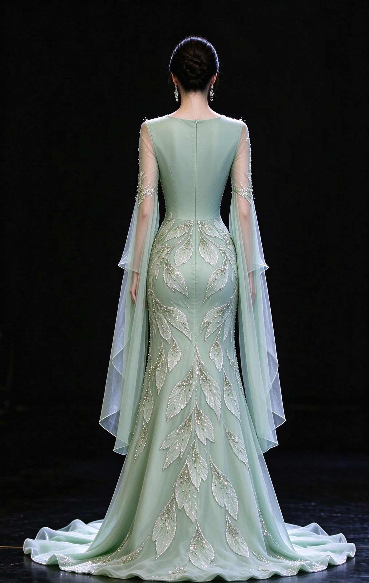 Round Neck Green Mermaid Evening Gown with Flutter Sleeves & Leaf Beaded Appliques fg8965