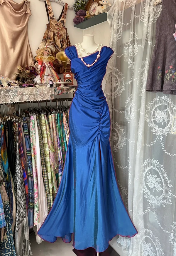 Mermaid Pleats Vintage Prom Dress Long Evening Dress   fg8039