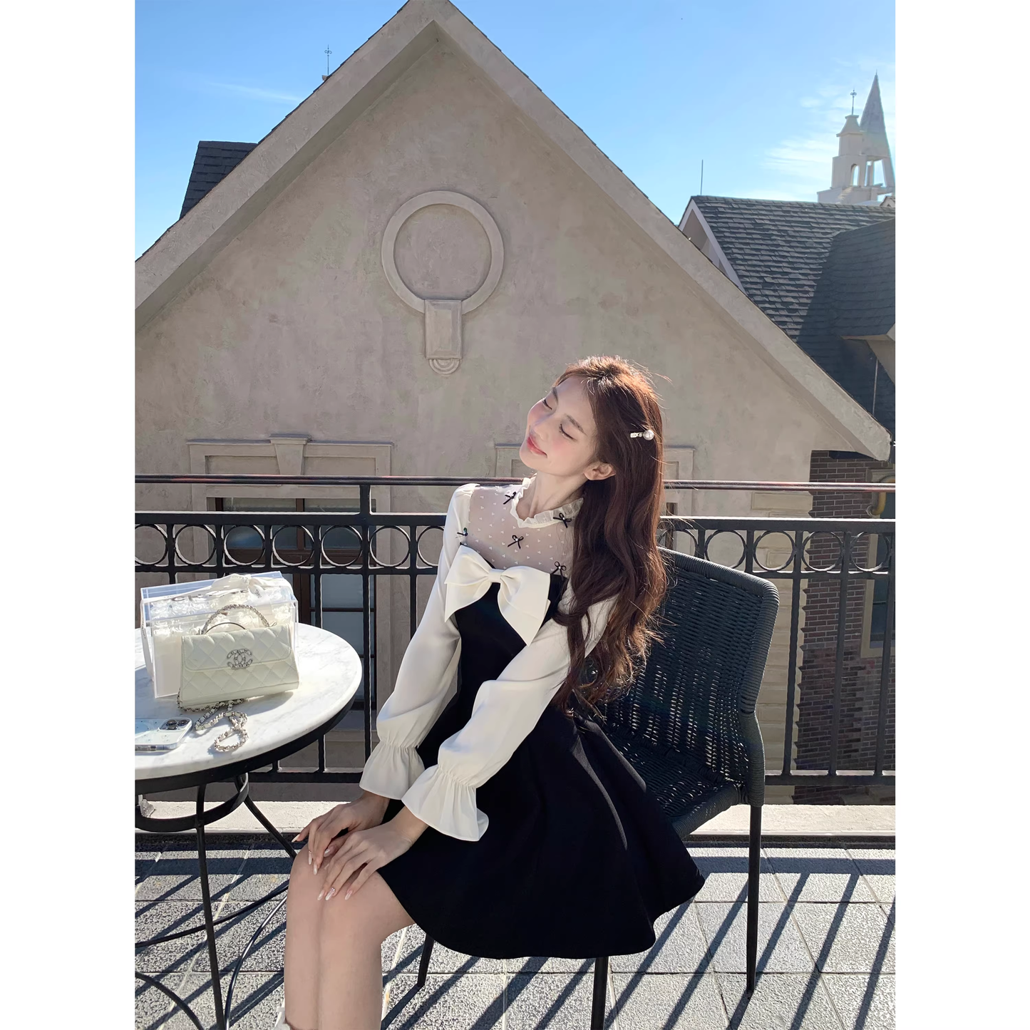 Mesh fitted waist little black dress for year-end parties and birthdays A37