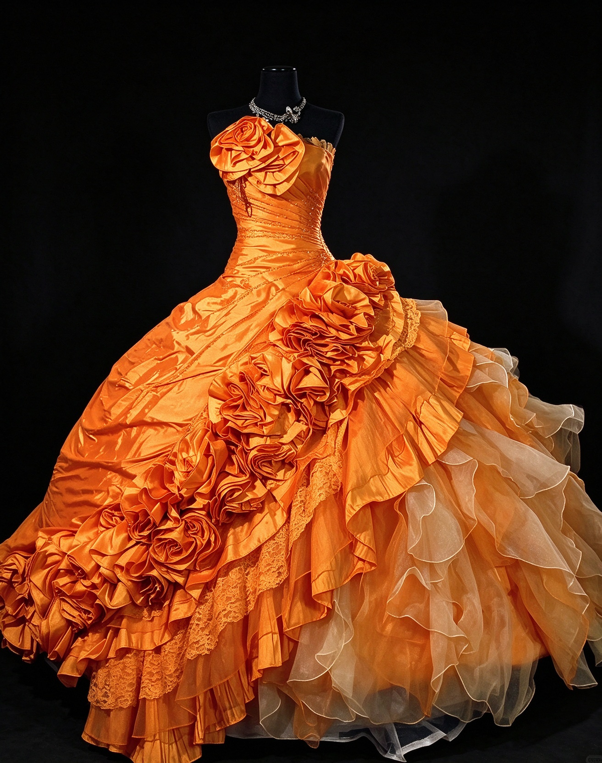 Strapless 3D Rose Ruffled Orange Satin Ball Gown, Formal Evening Dress fg8915