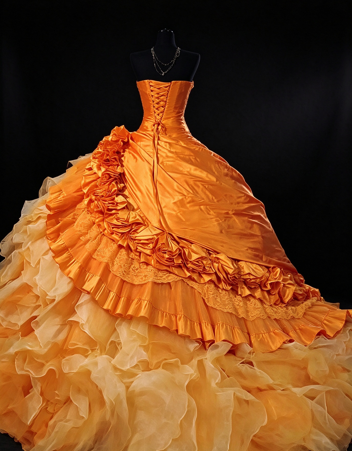 Strapless 3D Rose Ruffled Orange Satin Ball Gown, Formal Evening Dress fg8915