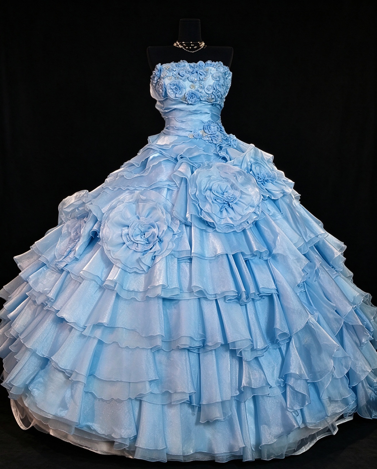 Strapless 3D Flower Ruffled Light Blue Ball Gown, Formal Evening Dress fg8916