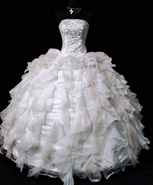 Strapless Beaded Ruffled White Ball Gown, Formal Evening Dress fg8917