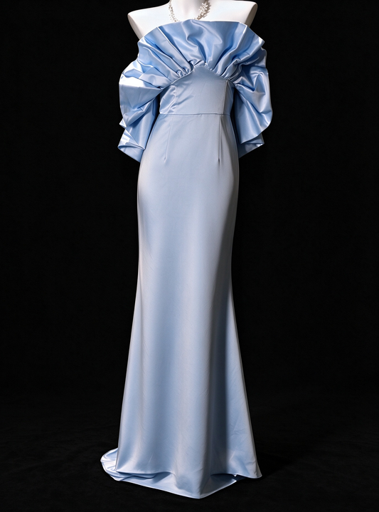 Off-Shoulder Ruffled Light Blue Satin Mermaid Evening Dress, Formal Gown fg8919