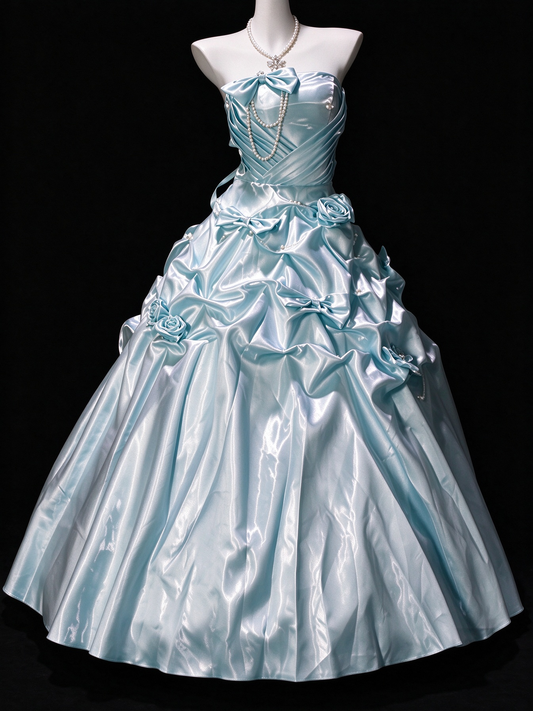 Strapless Bow Beaded Light Blue Satin Ball Gown, Formal Evening Dress fg8920