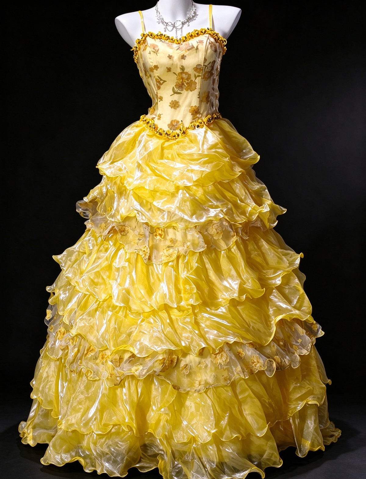 Spaghetti Strap Ruffled Yellow Organza Ball Gown, Formal Evening Dress fg8925