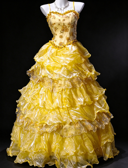 Spaghetti Strap Ruffled Yellow Organza Ball Gown, Formal Evening Dress fg8925