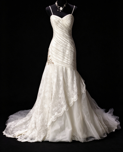 Spaghetti Strap Pleated White Tulle Mermaid Evening Dress, Formal Gown fg8926