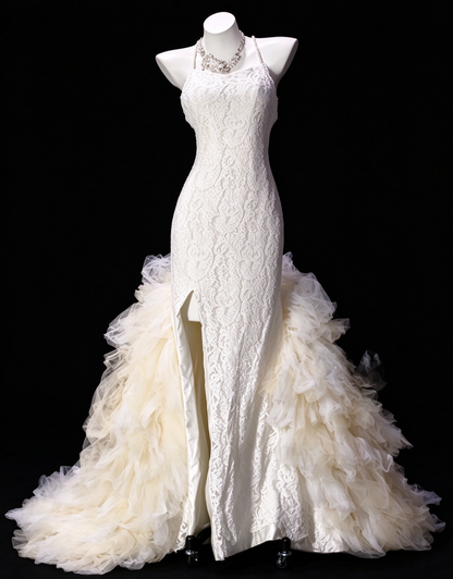 Spaghetti Strap Lace White Mermaid Evening Dress with Tulle Train, Formal Gown fg8929