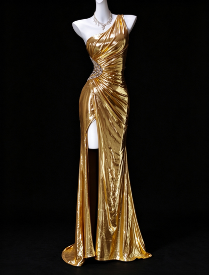 One-Shoulder Beaded Gold Metallic Evening Dress, Formal Prom Gown fg8931