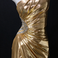 One-Shoulder Beaded Gold Metallic Evening Dress, Formal Prom Gown fg8931