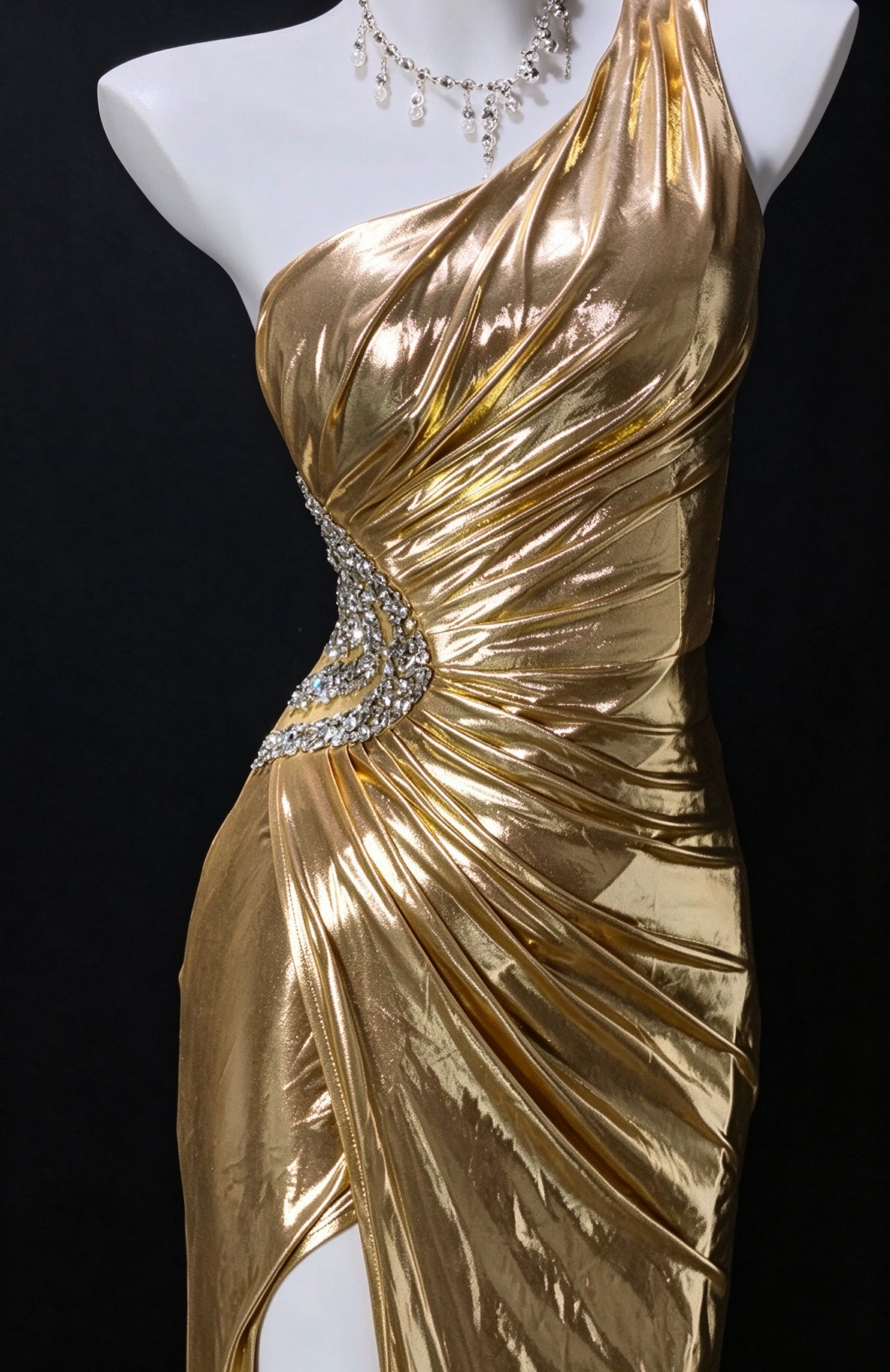 One-Shoulder Beaded Gold Metallic Evening Dress, Formal Prom Gown fg8931