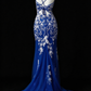 V-Neck Beaded Blue Tulle Mermaid Evening Dress, Formal Prom Gown fg8932
