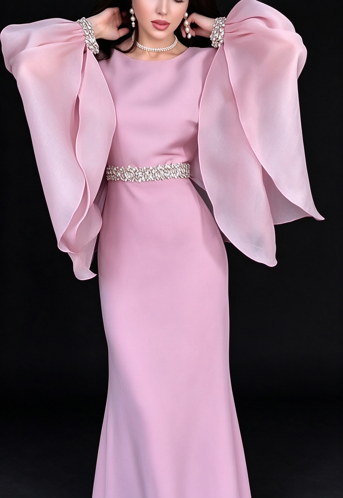 Elegant Pink Chiffon Cape Sleeve Beaded Waist Mermaid Evening Gown fg8967