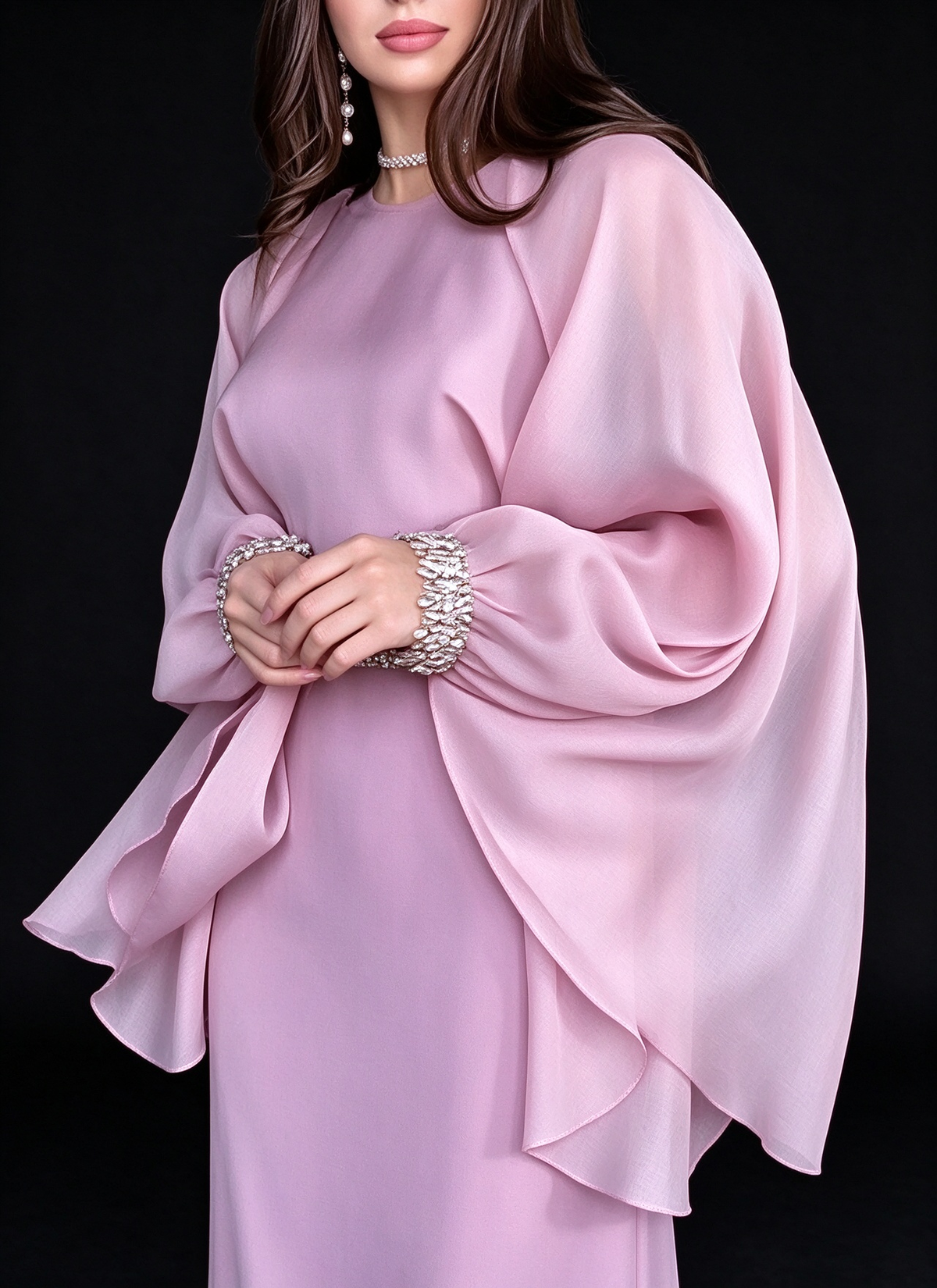 Elegant Pink Chiffon Cape Sleeve Beaded Waist Mermaid Evening Gown fg8967