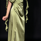 Olive Green Satin Draped Cowl Neck 3D Flower Split Evening Dress fg8969