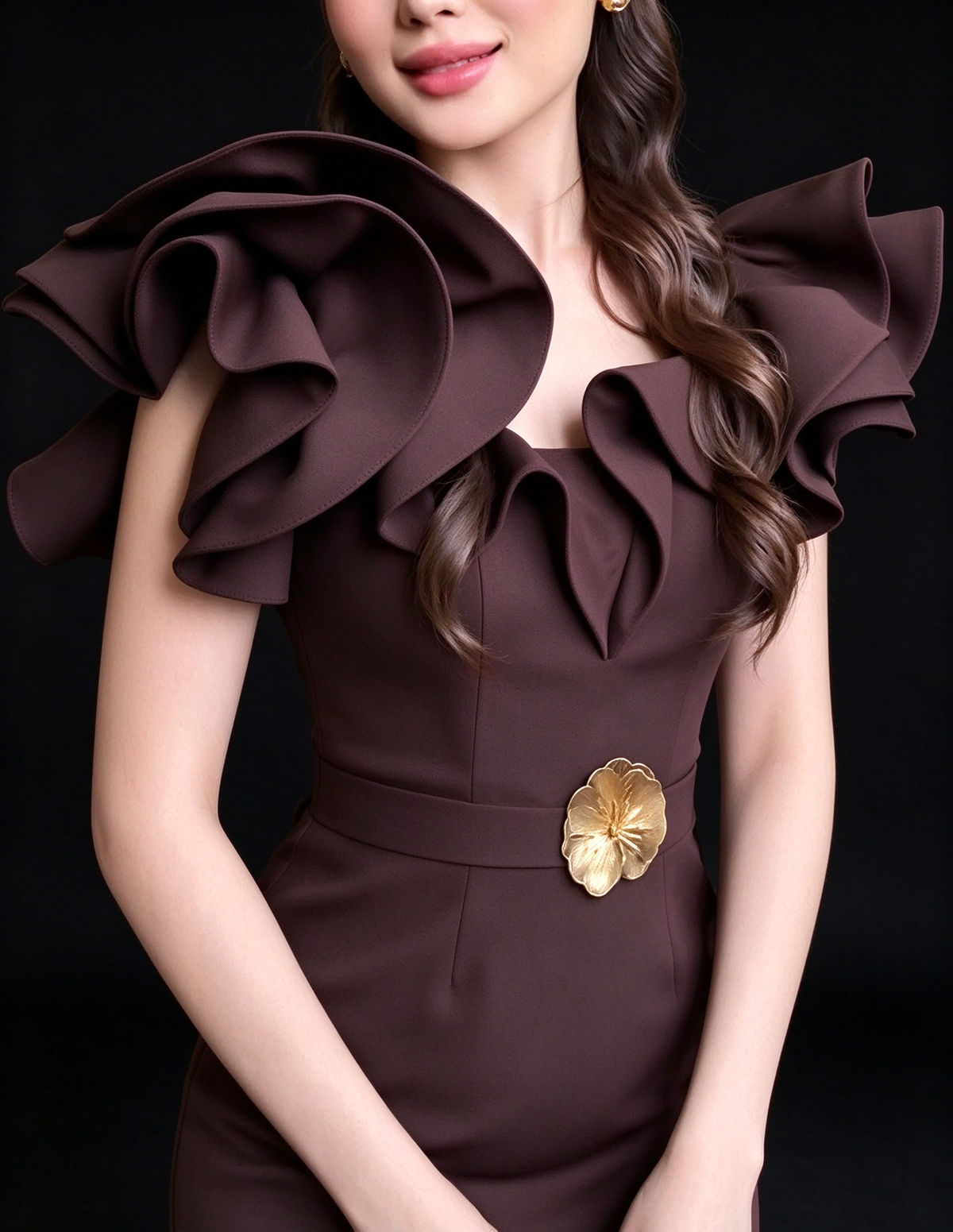 Dark Brown Ruffle Shoulder Gold Flower Detail Split Evening Dress fg8970