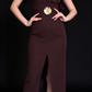 Dark Brown Ruffle Shoulder Gold Flower Detail Split Evening Dress fg8970