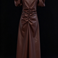 Brown Faux Leather Puff Sleeve Keyhole Neck Ruched Evening Dress fg8971