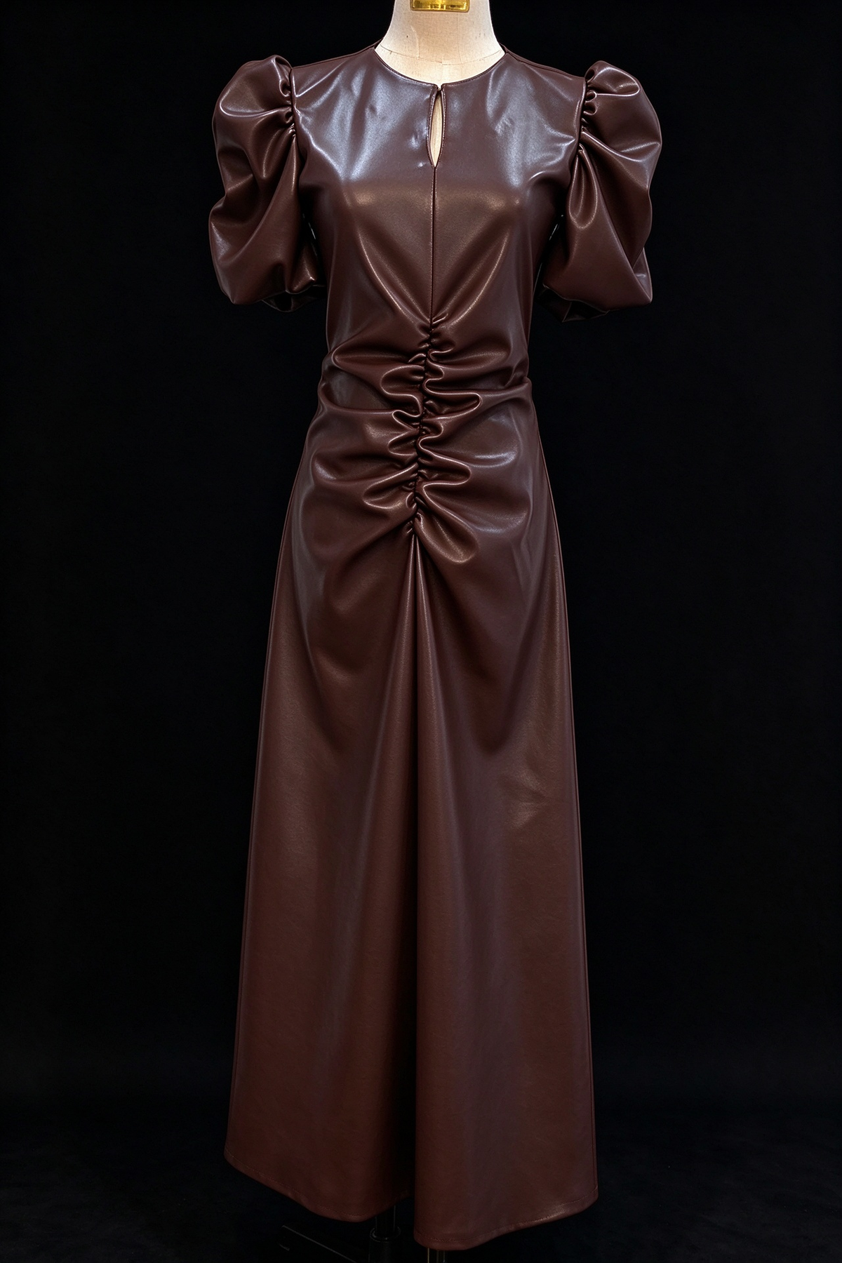 Brown Faux Leather Puff Sleeve Keyhole Neck Ruched Evening Dress fg8971